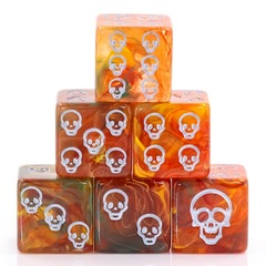 6 Sided Die - Flaming Skull -  Orange with Yellow and Green Swirl and  White Skull Pips (Halloween)